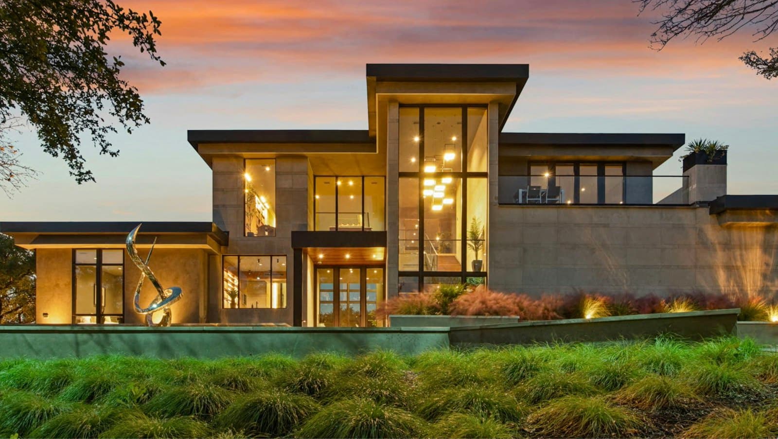 Modern home exterior at dusk