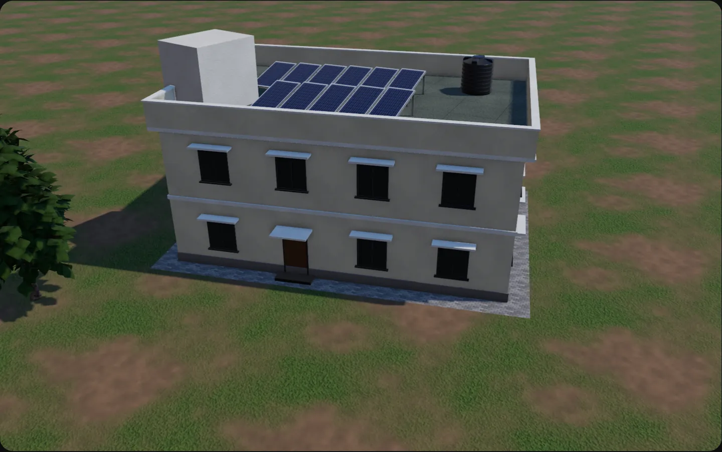 A sample rooftop design in SolarStudio's 3D studio: a two-storey house with twelve modules on tilt frames, a water tank and trees